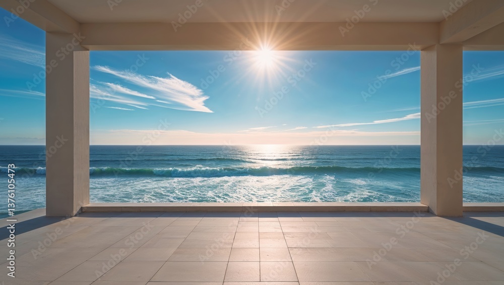 Stunning view of the ocean from a patio with a bright blue sky and sunlight illuminating the scene. Stunning view of the ocean from a patio with a bright blue sky and sunlight illuminating the scene.