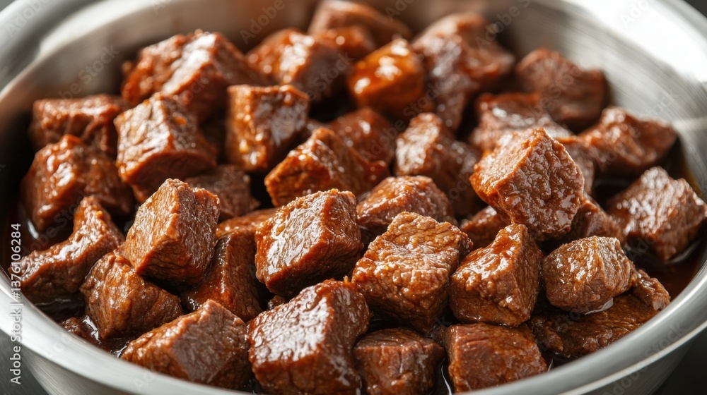 Delicious Close Up of Glossy Brown Beef Stew Cubes in a Metal Bowl Delicious Close Up of Glossy Brown Beef Stew Cubes in a Metal Bowl