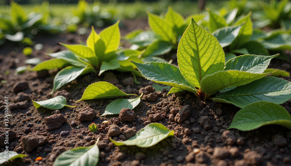 Naklejka premium Vibrant green leaves thriving in rich soil 