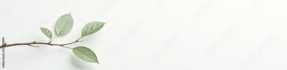 Fototapeta premium Single branch with delicate leaves against white background, minimalist, serene scene