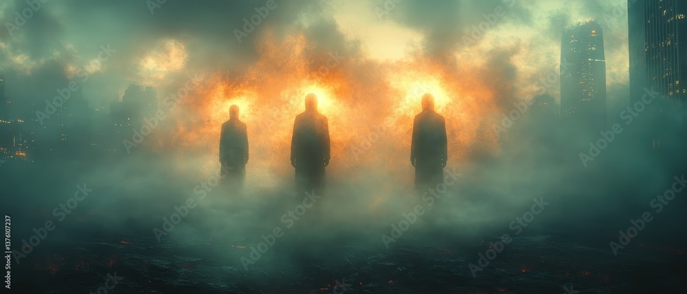 Three men are standing in a foggy, smokey environment Three men are standing in a foggy, smokey environment