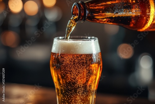 Wallpaper Mural Glass of beer being filled from bottle on a wooden table in a bar with blurred background lights Torontodigital.ca