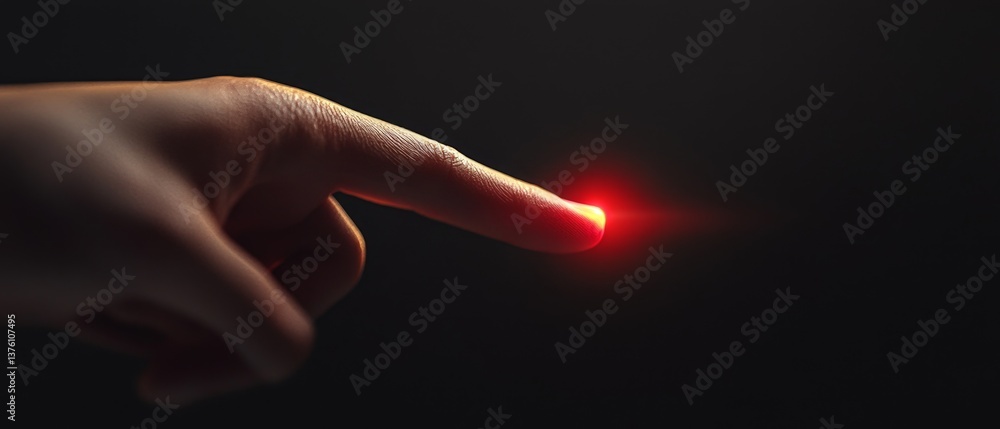 A hand pointing to a red dot on a black background