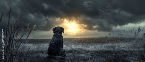 A black dog is sitting in a field with a cloudy sky in the background
