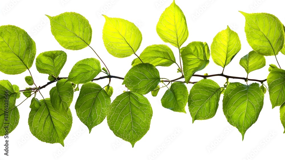 Fototapeta premium Vibrant Green Leaves on Branches with Sunlight Highlighting Natural Textures in Nature