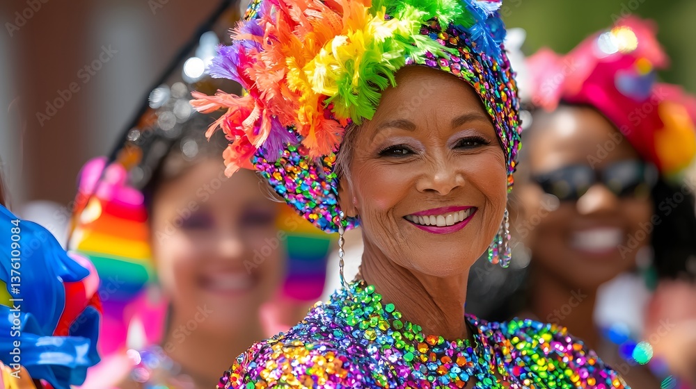 Elderly Woman Smiling at Colorful Pride Parade with Sparkling Outfit and Joyful Atmosphere Elderly Woman Smiling at Colorful Pride Parade with Sparkling Outfit and Joyful Atmosphere