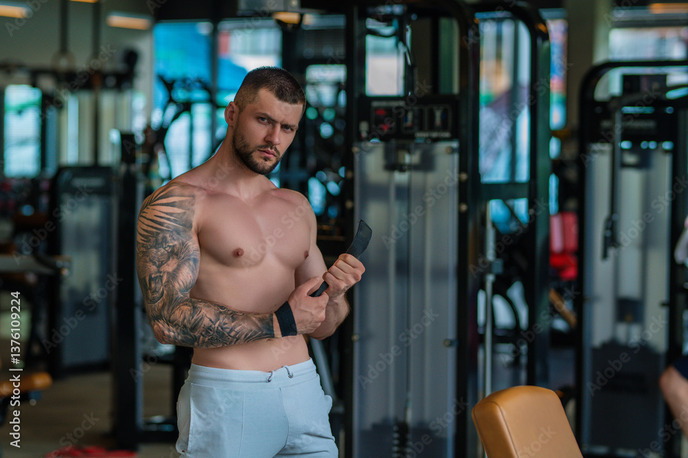 Fit guy doing exercise at gym. Handsome sporty man workout with with dumbbells on gym. Male athlete with dumbbell on fitness workout. Fitness man in gym. Muscular sportsman workout with weight in gym.