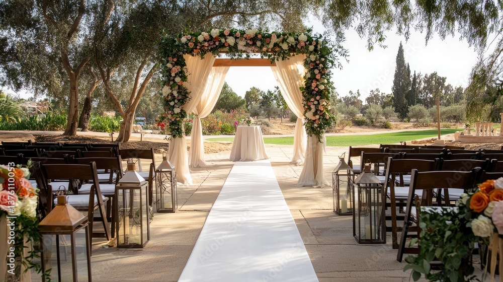 Fototapeta premium Romantic outdoor chuppah with soft fabric and flowers, wedding aisle lined with lanterns