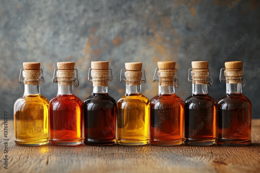 Glass bottles with swing top stoppers filled with various grades of maple syrup, creating a gradient of color Glass bottles with swing top stoppers filled with various grades of maple syrup, creating a gradient of color