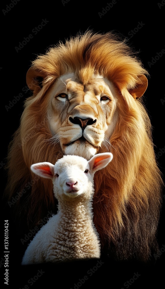 The Lion and the Lamb A Symbiotic Portrait on Black, Power and Innocence, Wildlife Harmony The Lion and the Lamb A Symbiotic Portrait on Black, Power and Innocence, Wildlife Harmony