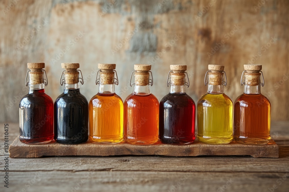 Small swing top glass bottles containing various cooking oils and condiments sit on a wooden tray, showcasing a spectrum of colors Small swing top glass bottles containing various cooking oils and condiments sit on a wooden tray, showcasing a spectrum of colors