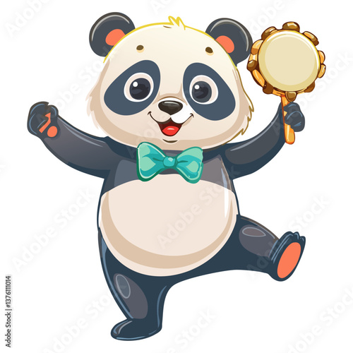 Dancing Panda Bear – an adorable panda with short legs, happily jumping to the rhythm, holding a tambourine in one paw and wearing a tiny bow tie.
