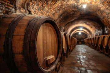 Papier peint photo  Rows of oak wine barrels aging in an underground cellar made of bricks  © Michael