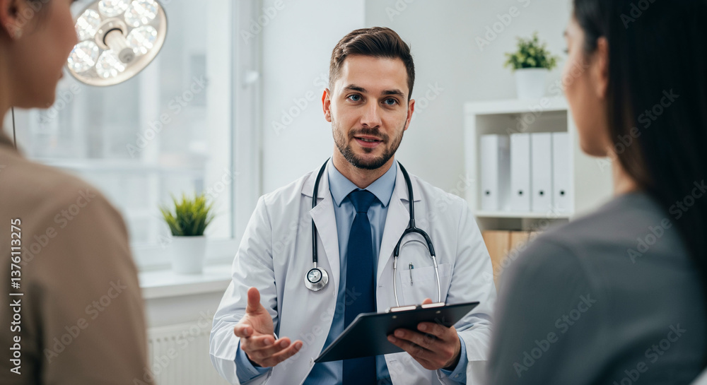Confident male doctor holding clipboard and talking to patients in a well-lit modern clinic