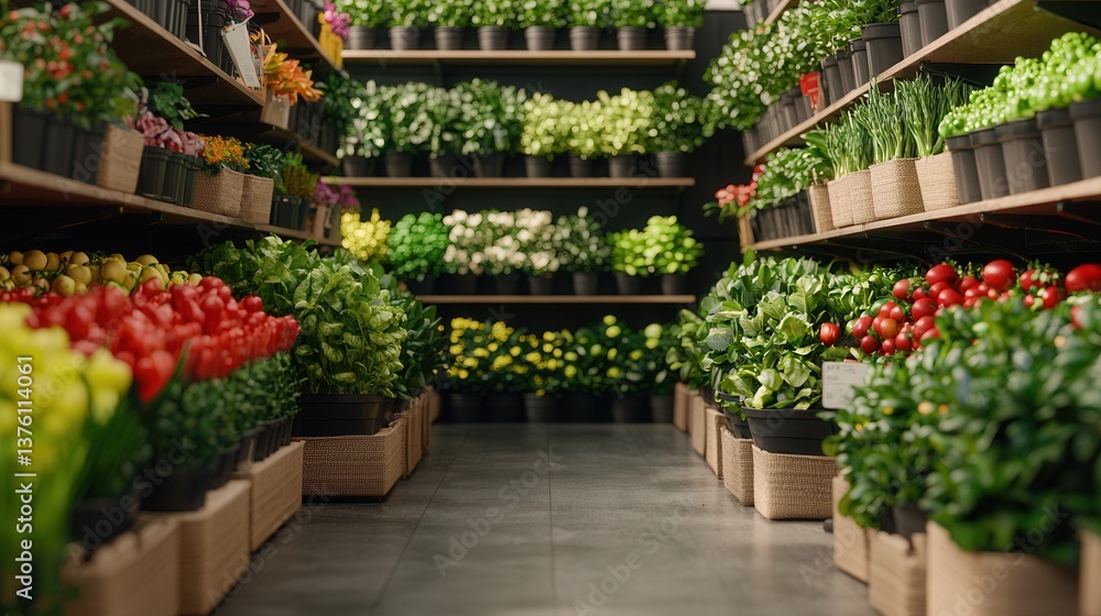 Fresh Produce Market Rows of Vibrant Vegetables and Herbs in Pots Aisle of Organic Greens and Colorful Tomatoes Fresh Produce Market Rows of Vibrant Vegetables and Herbs in Pots Aisle of Organic Greens and Colorful Tomatoes