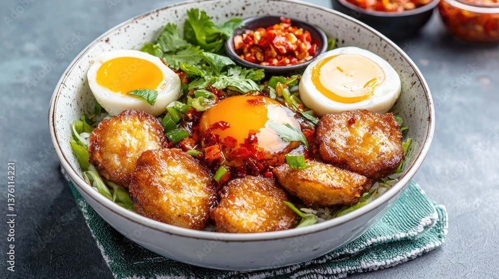 Fototapeta premium Sri Lankan traditional breakfast, kiribath with sambol and chili paste
