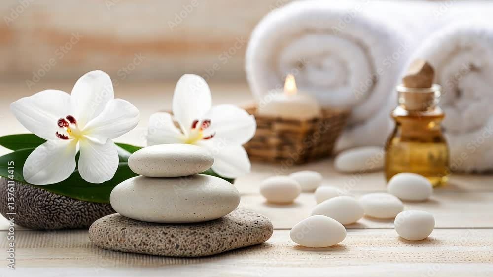 Serene Spa Scene: A carefully composed arrangement of spa elements including stacked stones, fragrant flowers, fluffy towels, aromatherapy oil, and a lit candle evokes tranquility and wellness. Serene Spa Scene: A carefully composed arrangement of spa elements including stacked stones, fragrant flowers, fluffy towels, aromatherapy oil, and a lit candle evokes tranquility and wellness.