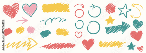 Set of colorful chalk drawings: hearts, stars, arrows, lines circles Vector illustration