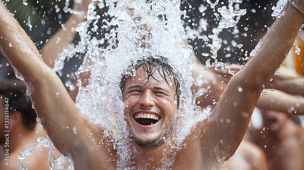 Fototapeta premium A foreign tourist drenched in water, enjoying the festival with a big smile on their face 