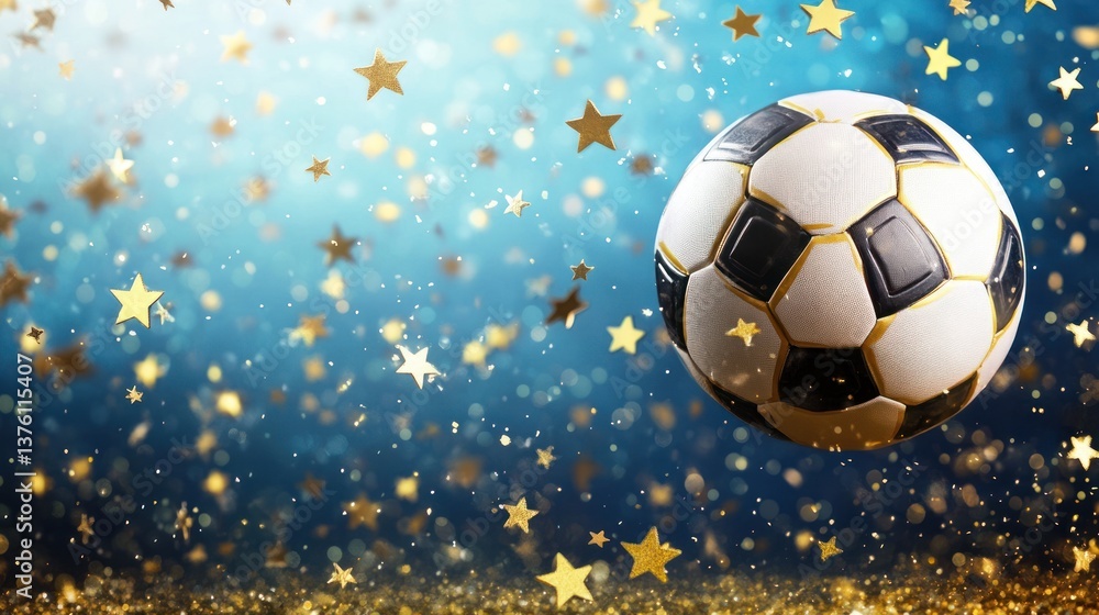 Naklejka premium Soccer ball with gold stars falling on blue background.