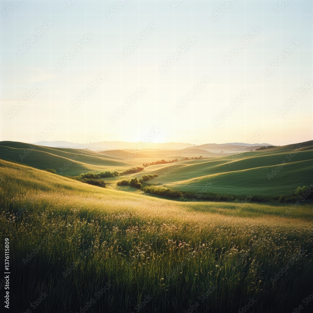Fototapeta premium A panoramic view of a large meadow, where the grass is gently waving in the wind, with a clear, bright sky stretching overhead, and soft light illuminating the landscape
