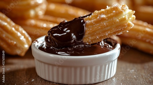 Indulge in sweet delight churro with dipping chocolate sauce close-up view