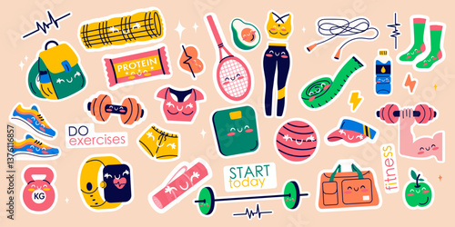 Kawaii stickers of fitness gym inventory elements, sport equipment. Healthy lifestyle