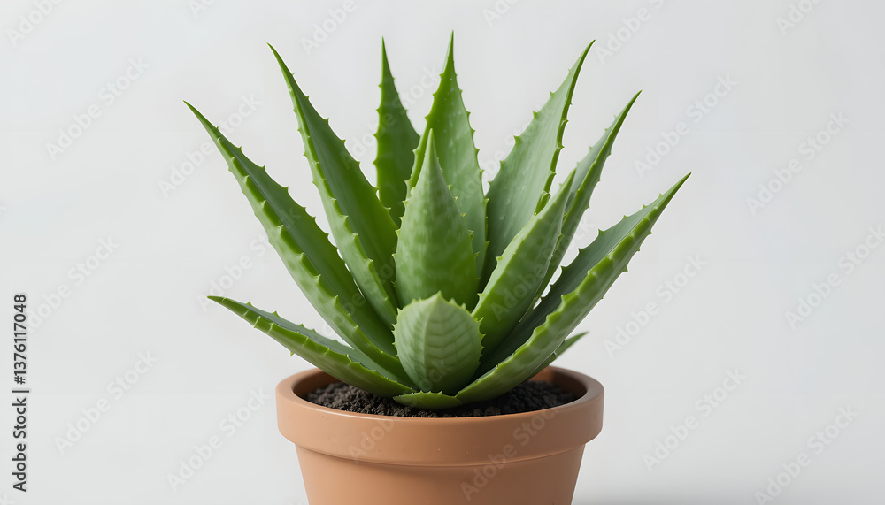 Lush Aloe Vera Plant in Terracotta Pot, Minimalist White Background Lush Aloe Vera Plant in Terracotta Pot, Minimalist White Background