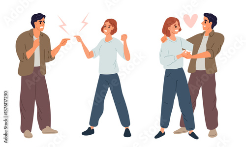 Young couple quarrel and reconcile. Friends meeting. People communication. Man and woman arguing. Lovers relationship. Conflict and reconciliation. Emotional conversation. Vector concept