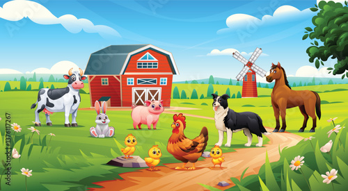 Cartoon farm animals including cow, pig, rabbit, hen, chicks, horse, and dog in green landscape. Vector illustration