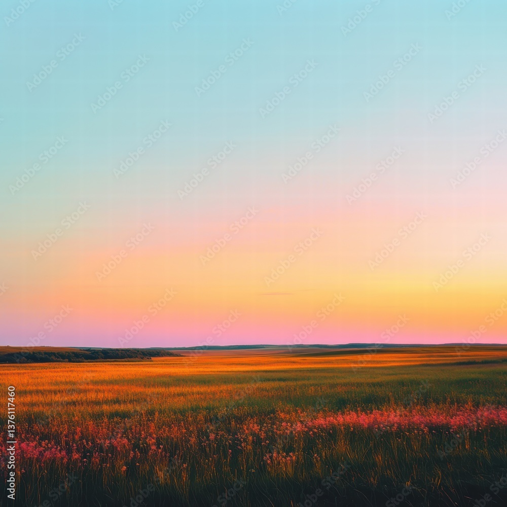 Fototapeta premium A wide shot of a large field at sunset, where the warm orange light casts long, realistic shadows on the tall grasses, and the clear sky above is bathed in pastel hues of pink, orange, and purple