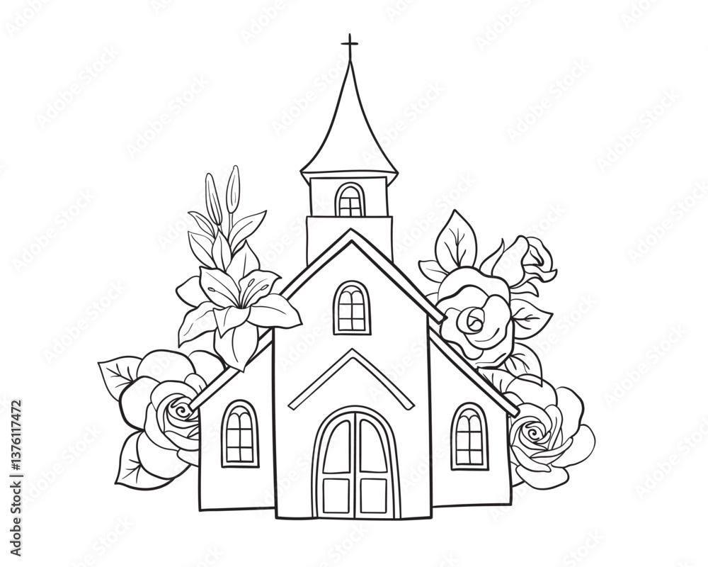 Fototapeta premium Simple linear illustration of church building. Protestant Catholic temple with decorative decoration flowers, roses