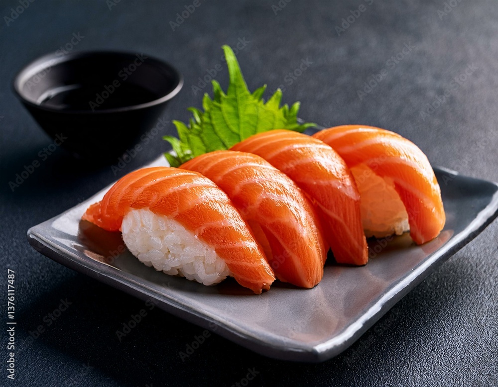 Japanese Fresh Salmon Sushi arrange in a plate Japanese Fresh Salmon Sushi arrange in a plate