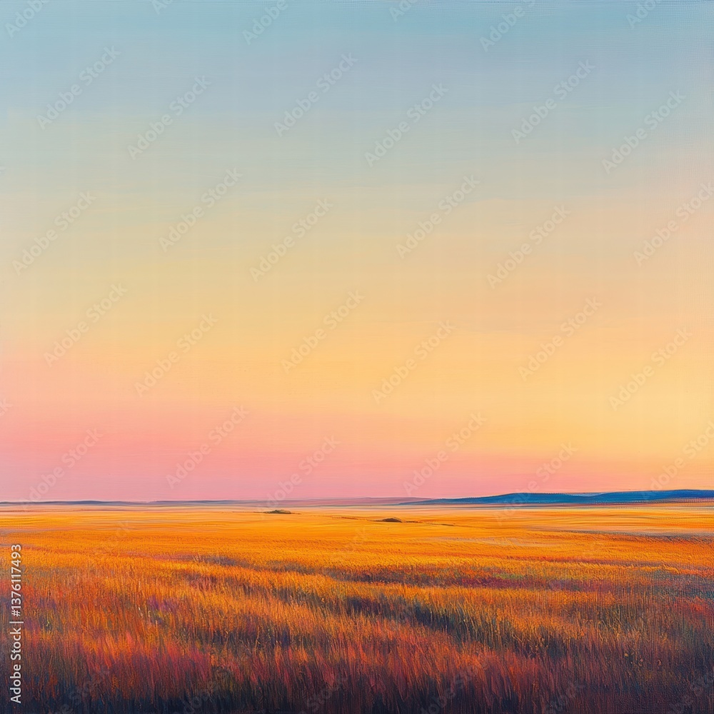 Obraz premium A wide shot of a large field at sunset, where the warm orange light casts long, realistic shadows on the tall grasses, and the clear sky above is bathed in pastel hues of pink, orange, and purple