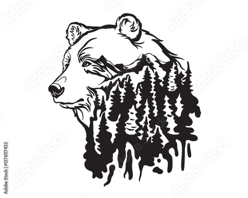 Double exposure of bear head muzzle with mountains and plants forest. Spruce forest with bear. Black and white illustration