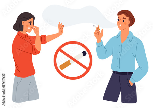 Woman unhappy smell of cigarette fume from man smoking. Unhealthy addiction. Toxic tobacco smoke. Stop nicotine symbol. Smokers ban icon. Unpleasant odor. Bad habit. Vector concept