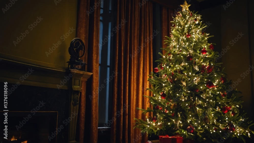 Festive Christmas Tree Radiating Warmth in an Elegantly Decorated Room with a Vintage Phonograph and Rich Brown Curtains Festive Christmas Tree Radiating Warmth in an Elegantly Decorated Room with a Vintage Phonograph and Rich Brown Curtains