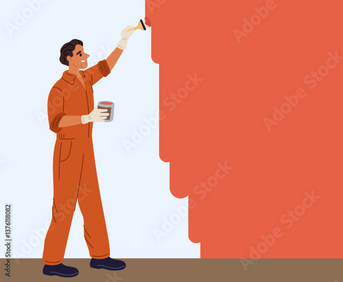 Uniformed painter paints wall. Professional decorator with paint brush. Premises renovation. Builders brigade work. Men in overalls decorating house. Apartment renovation. Vector concept