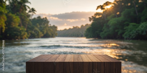 High Quality Picture of Wooden Podium with Amazon River Background for Product Display.