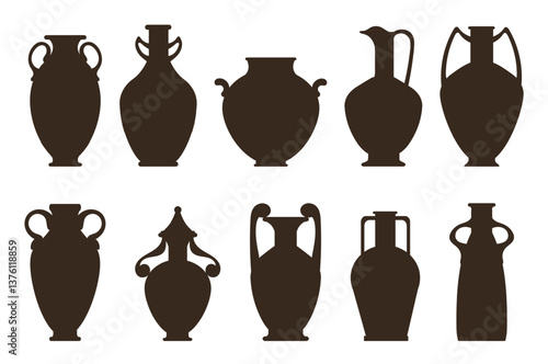 Silhouettes ancient Greek vases. Archaeological crockery. Antique ceramic vessels. Classic pot shape. Clay amphoras. Historical bottles. Urns or jugs. Old bowls. Black pottery vector set