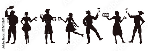 Silhouette women and men with glasses beer in national dresses. Oktoberfest celebration. Bavarian traditional festival. Waitress holding with ale bottles. Vector holiday black elements set