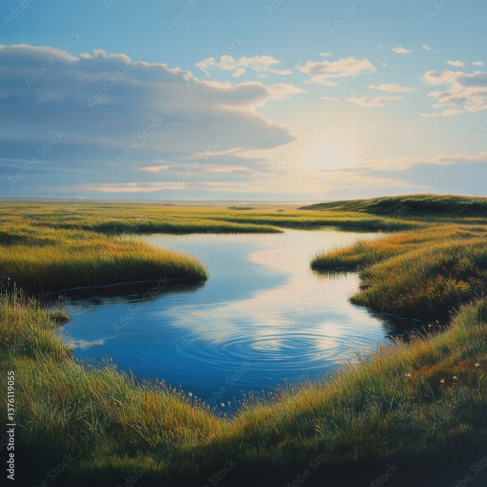 Fototapeta premium A wide, flat field with a small pond reflecting the blue sky, surrounded by tall, soft grasses. The sun creates ripples on the water and highlights the fine details of the grass and water's surface