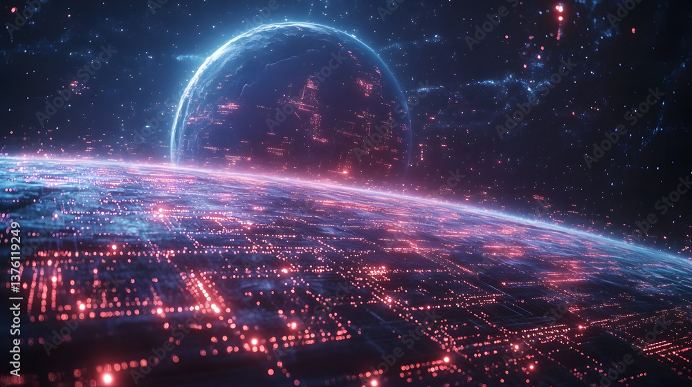 A digital illustration of the Earth surrounded by interconnected lines and symbols, representing global connectivity, technology, and the digital world.
A digital illustration of the Earth surrounded by interconnected lines and symbols, representing global connectivity, technology, and the digital world.