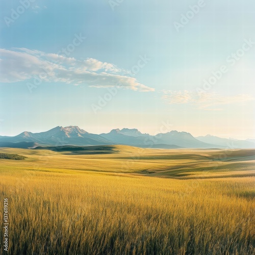 A wide-open field with a distant mountain range on the horizon, the field of grass stretching endlessly toward the mountains under a vast, clear sky, capturing the natural scale of the landscape