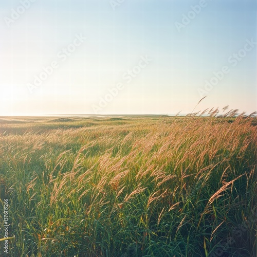 A wide view of a field of tall grass on a windy day, the movement of the grass bending realistically in the wind while the sunlight highlights the texture of each blade, and the clear sky adds depth