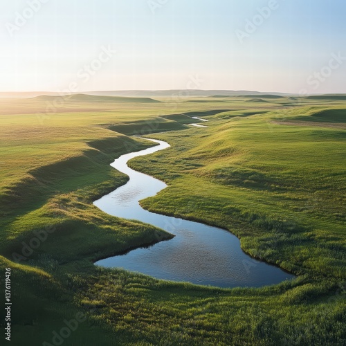 A large grassy plain with a quiet, flowing river cutting through it, the sunlight creating natural reflections on the water s surface, and the grass surrounding the river swaying in the wind