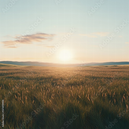 A realistic scene of a wide grassland at dusk, where the fading light creates a warm glow over the tall grass, casting realistic shadows across the field, with the sky above gradually darkening
