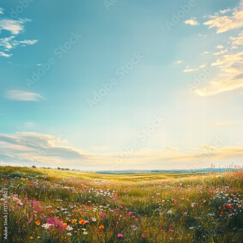 A large, open meadow with soft grass and patches of wildflowers, each flower naturally highlighted by the sunlight, while the sky above stretches endlessly with not a cloud in sight