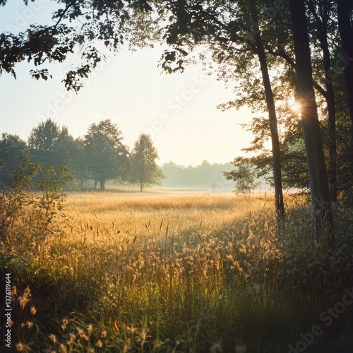 A distant view of a field at the edge of a forest, where the tall grasses and trees meet, with the sunlight casting soft, realistic shadows through the open space, and the sky filling the scene