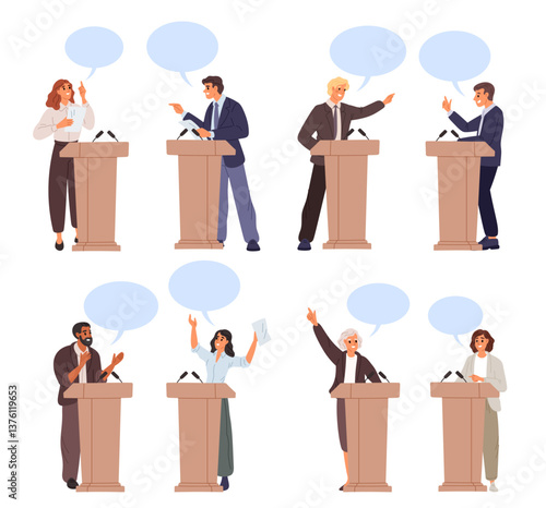 People have political debates standing behind wooden bollards. Presidential candidates speak from stands. Politics discussion. Politicians communication. Vector public speakers set